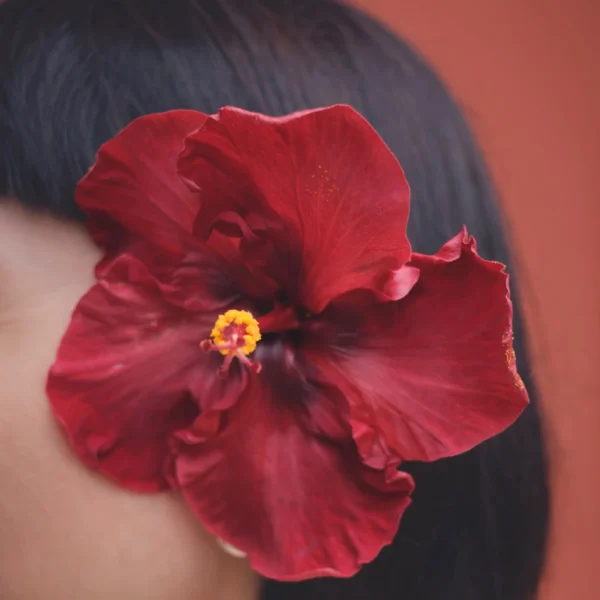 Flor roja en el cabello de una huésped evocando una escapada romántica en el Hotel San Roque
